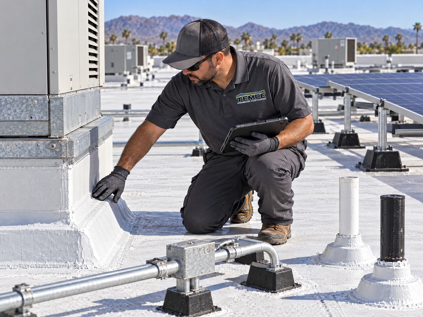Commercial roofing worker coordinating rooftop equipment access
