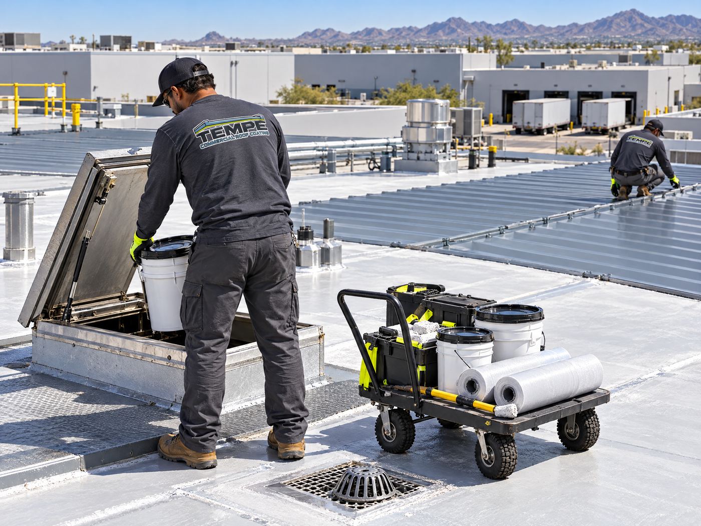 Commercial roofing worker coordinating rooftop equipment access
