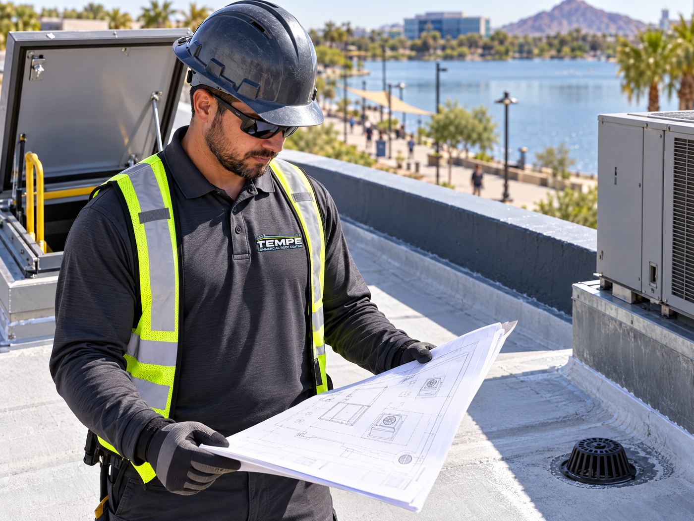 Commercial roof worker inspecting roof details in Tempe, Arizona