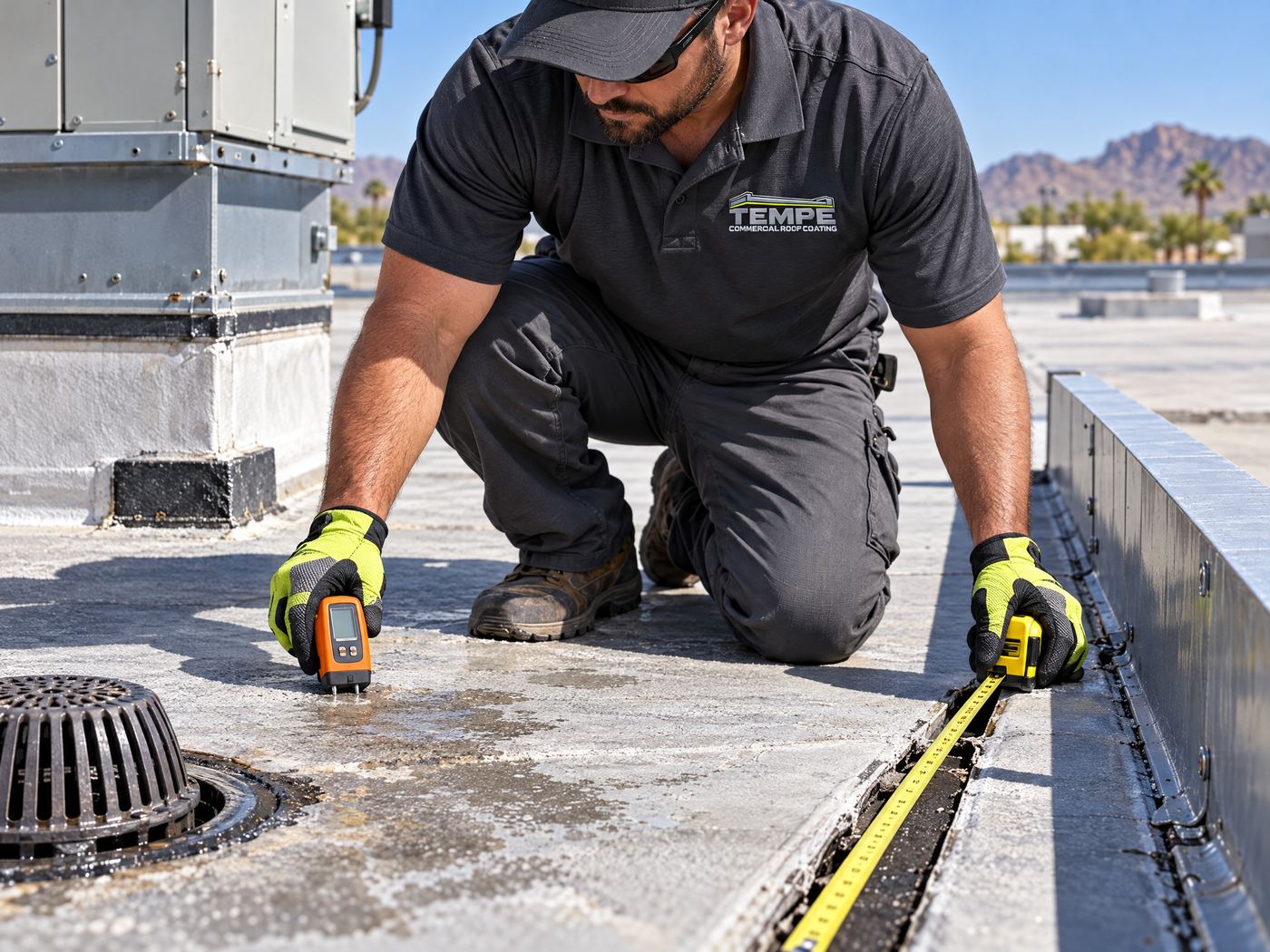 Commercial roof coating preparation around roof seams and flashing
