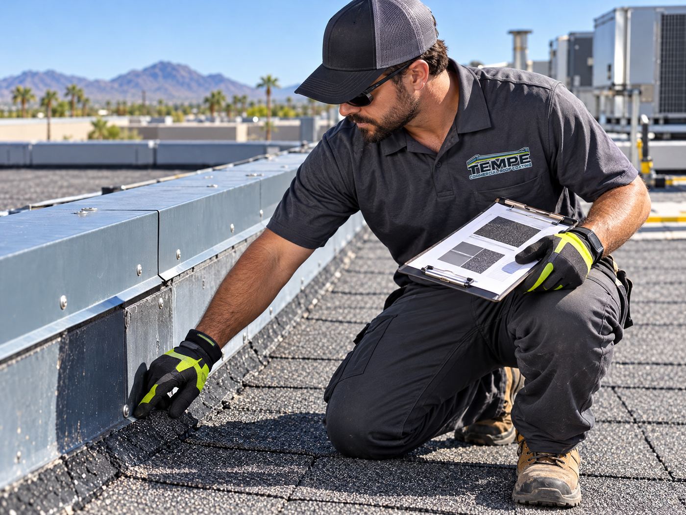Commercial roof worker inspecting roof details in Tempe, Arizona
