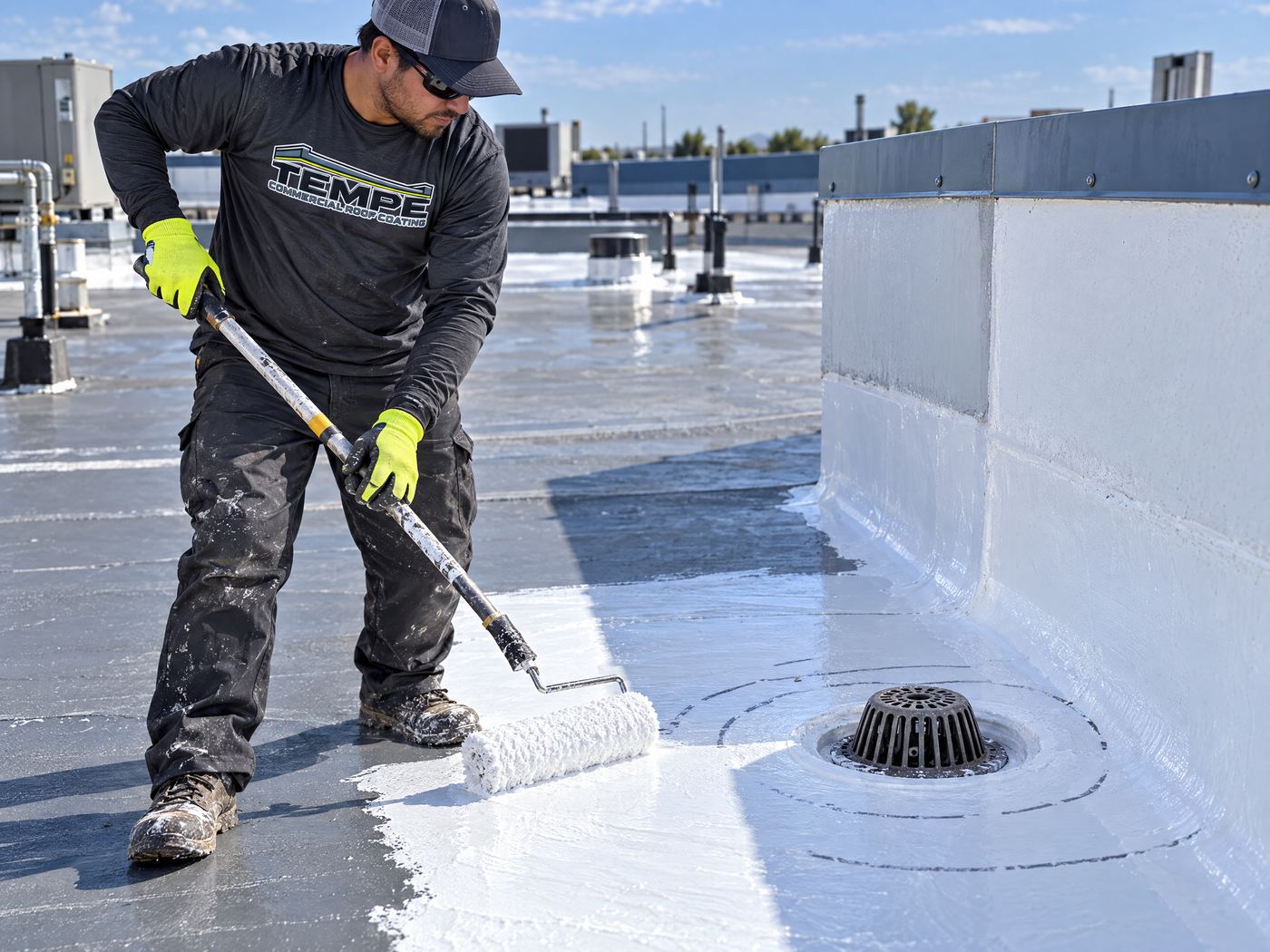 Commercial roofing worker coordinating rooftop equipment access