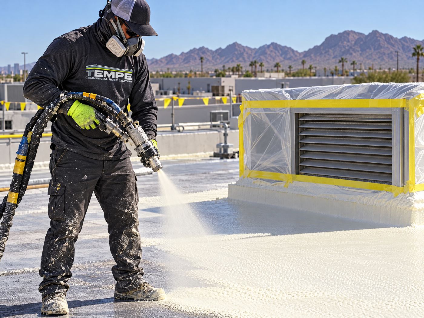 Commercial roof worker inspecting roof details in Tempe, Arizona